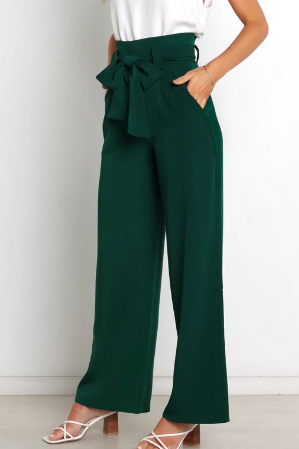 Women's Bow Tie Paperbag Waist Pants – High Rise Wide Leg Trousers