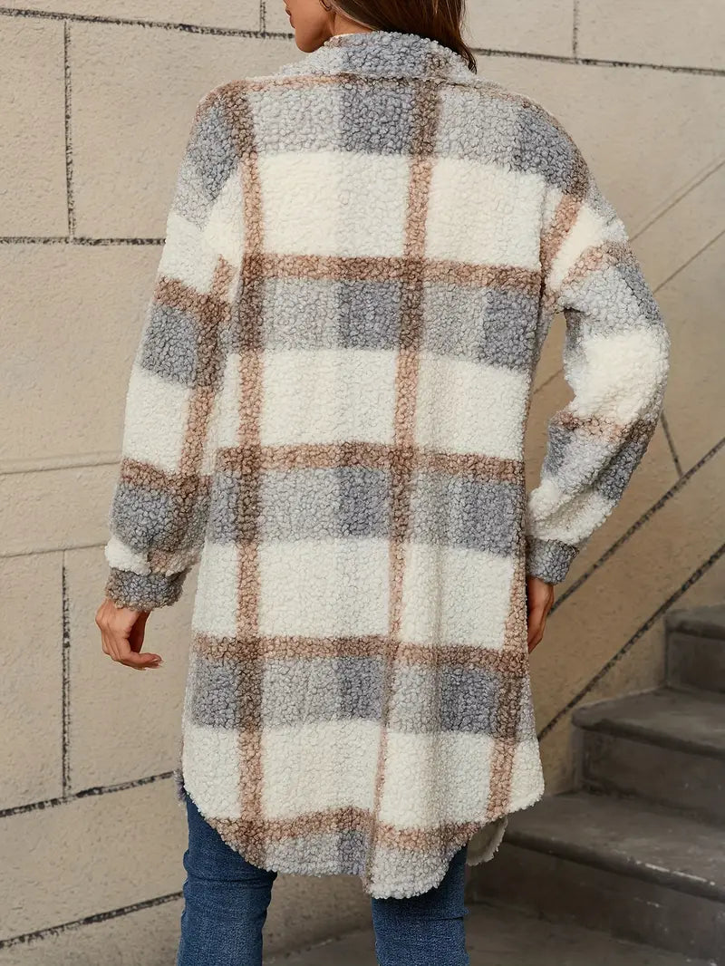 Women's Checked Teddy Coat – Oversized Fleece Winter Overcoat