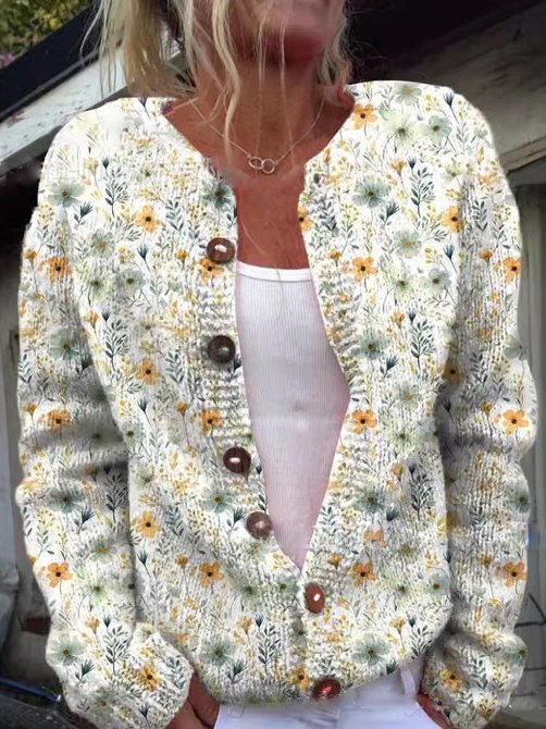 Women's Floral Button Cardigan – Patterned Long Sleeve Cardigan