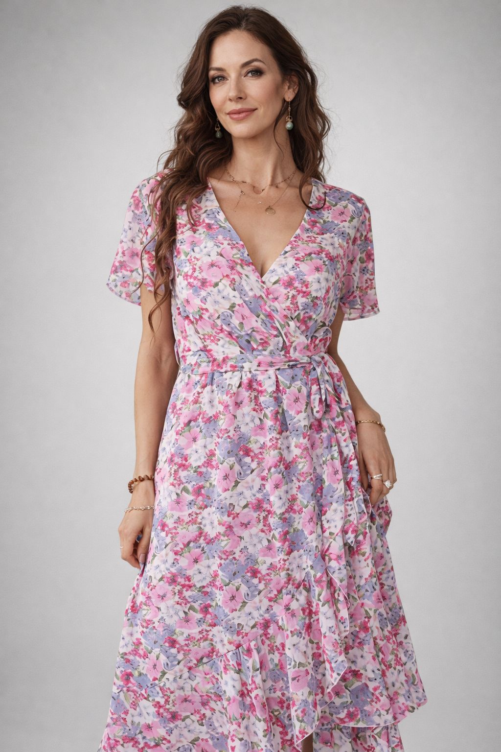 Women's Floral Belted Wrap Dress – V-Neck Midi Occasion Dress