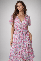 Women's Floral Belted Wrap Dress – V-Neck Midi Occasion Dress
