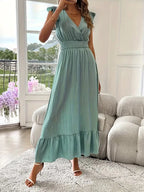 Women's V-Neck Tiered Evening Maxi Dress – Short Sleeve Smocked Waist Dress