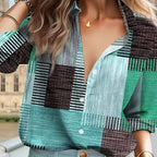 Women's Patchwork Button Front Blouse – Relaxed Boho Print Blouse