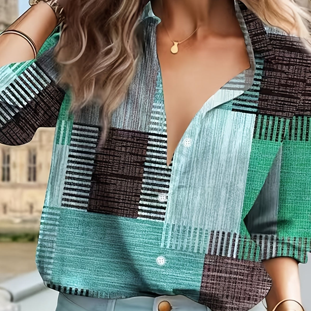 Women's Patchwork Button Front Blouse – Relaxed Boho Print Blouse