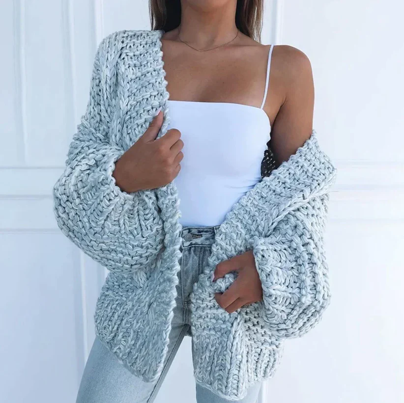 Women's Chunky Winter Cardigan – Relaxed Long Sleeve Knit Cardigan