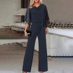 Women's Statement Sleeve Jumpsuit – Asymmetrical Wide Leg Occasion Jumpsuit