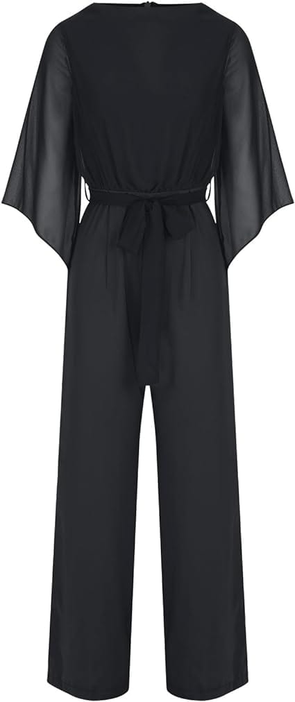 Women's Statement Sleeve Jumpsuit – Asymmetrical Wide Leg Occasion Jumpsuit