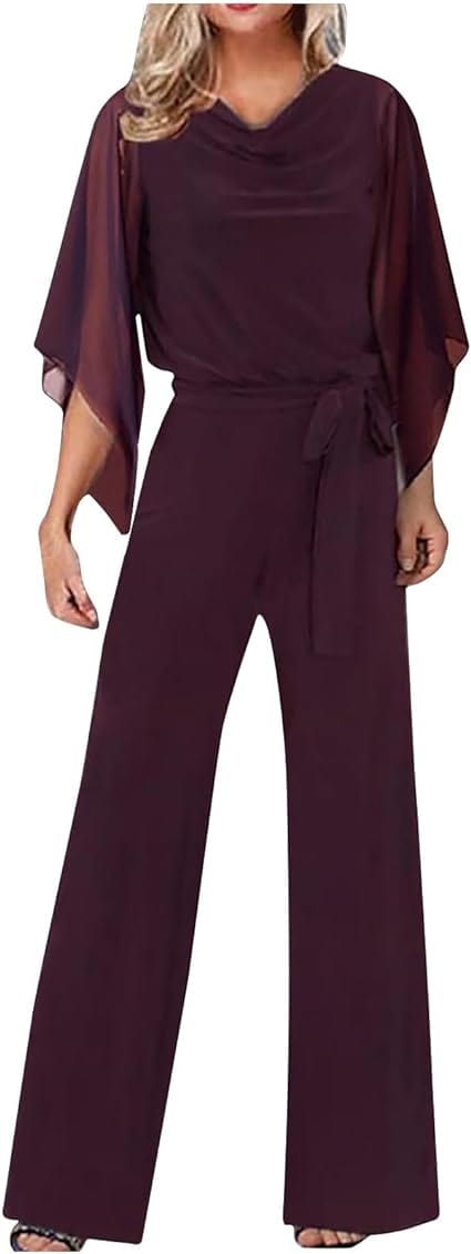 Women's Statement Sleeve Jumpsuit – Asymmetrical Wide Leg Occasion Jumpsuit