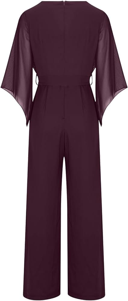 Women's Statement Sleeve Jumpsuit – Asymmetrical Wide Leg Occasion Jumpsuit