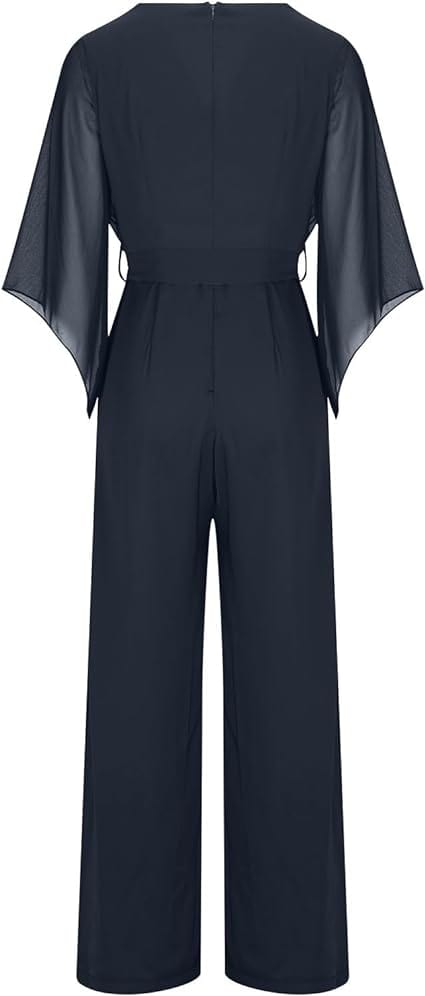 Women's Statement Sleeve Jumpsuit – Asymmetrical Wide Leg Occasion Jumpsuit