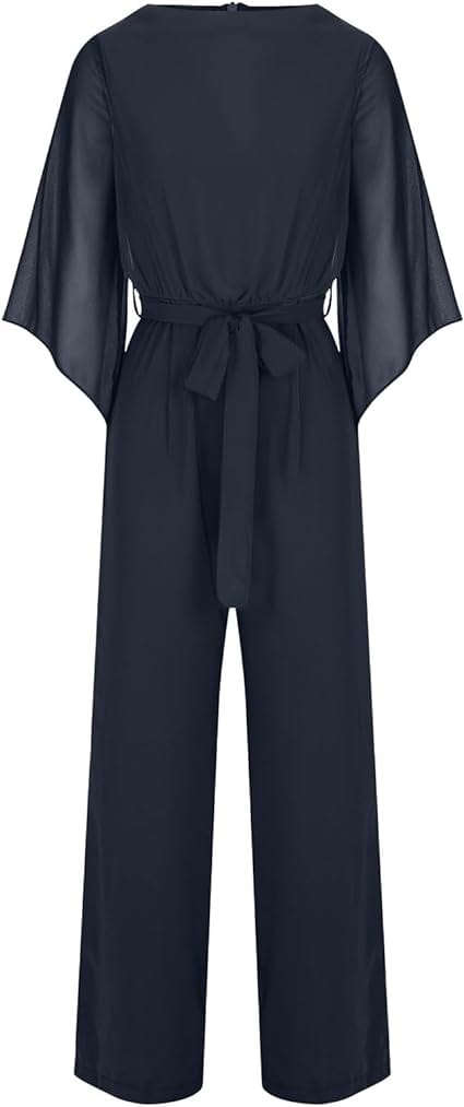 Women's Statement Sleeve Jumpsuit – Asymmetrical Wide Leg Occasion Jumpsuit