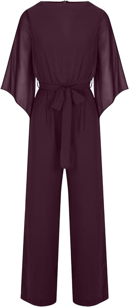 Women's Statement Sleeve Jumpsuit – Asymmetrical Wide Leg Occasion Jumpsuit