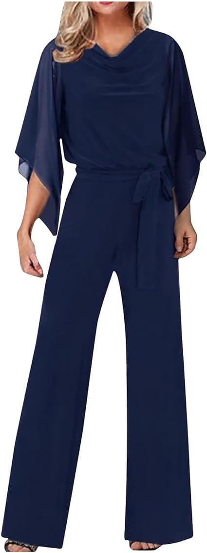 Women's Statement Sleeve Jumpsuit – Asymmetrical Wide Leg Occasion Jumpsuit