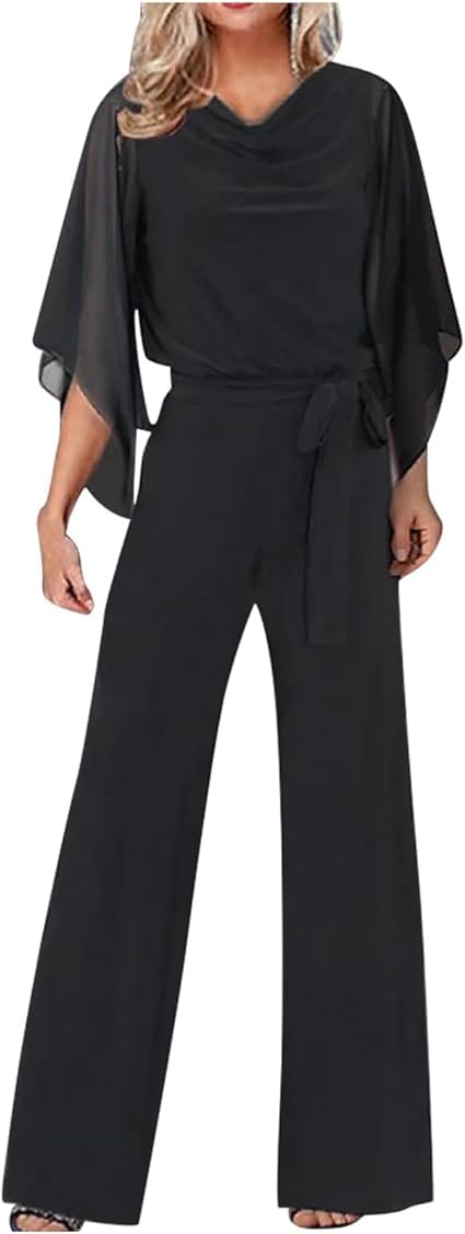 Women's Statement Sleeve Jumpsuit – Asymmetrical Wide Leg Occasion Jumpsuit