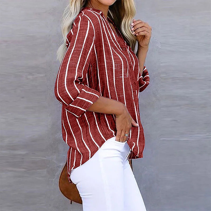 Women's Striped Casual Blouse – Relaxed Fit Button Detail Blouse