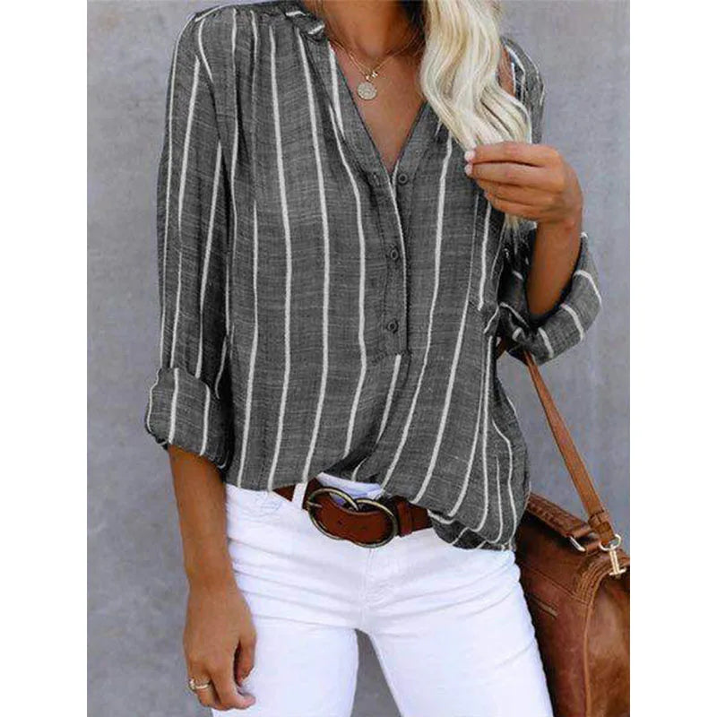 Women's Striped Casual Blouse – Relaxed Fit Button Detail Blouse