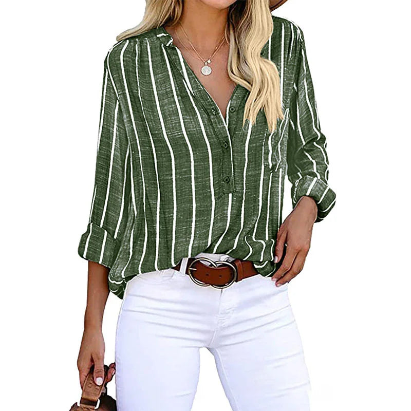 Women's Striped Casual Blouse – Relaxed Fit Button Detail Blouse
