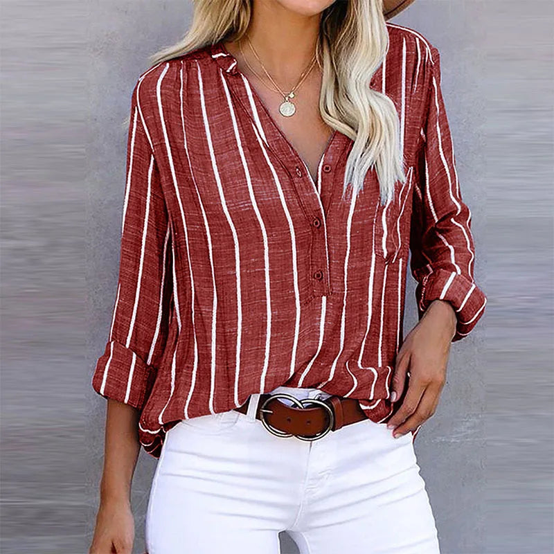 Women's Striped Casual Blouse – Relaxed Fit Button Detail Blouse