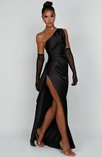 Women's High Slit One Shoulder Gown – Formal Evening Maxi Dress