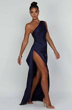 Women's High Slit One Shoulder Gown – Formal Evening Maxi Dress