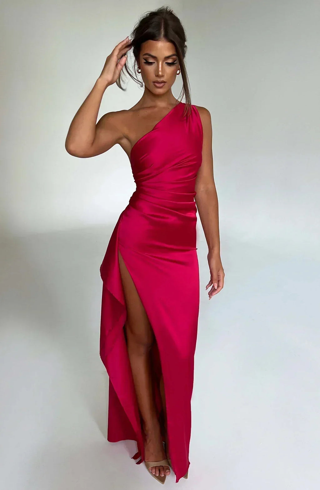 Women's High Slit One Shoulder Gown – Formal Evening Maxi Dress