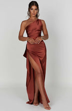 Women's High Slit One Shoulder Gown – Formal Evening Maxi Dress