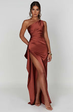 Women's High Slit One Shoulder Gown – Formal Evening Maxi Dress