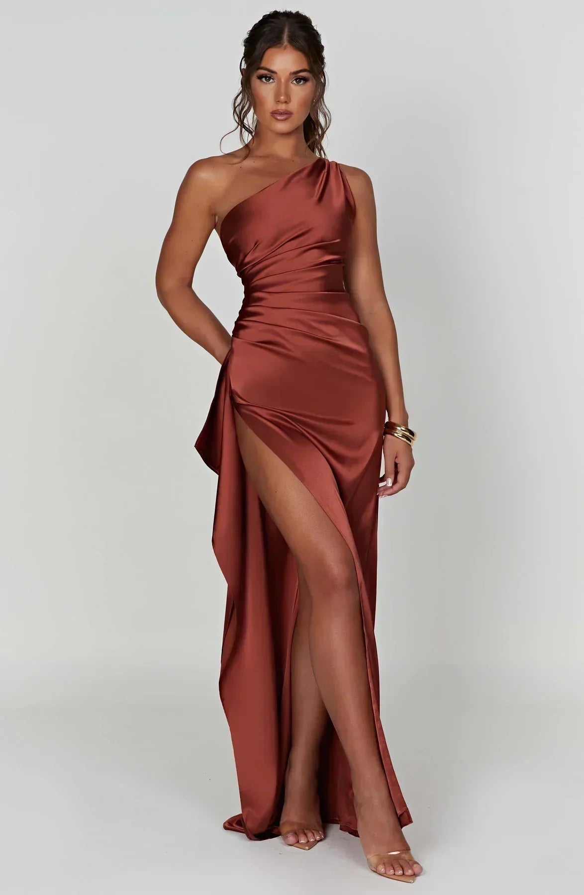 Women's High Slit One Shoulder Gown – Formal Evening Maxi Dress