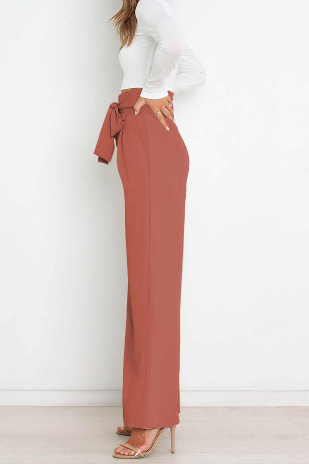 Women's Bow Tie Paperbag Waist Pants – High Rise Wide Leg Trousers