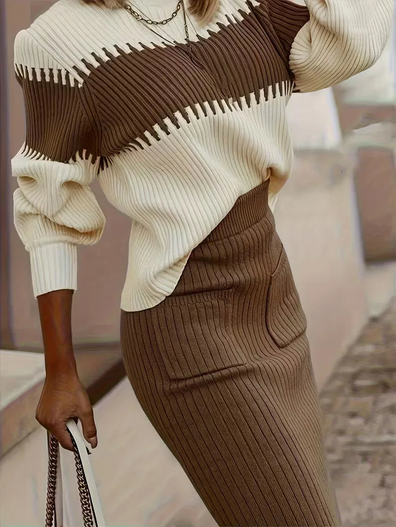 Women's Ribbed Knit Skirt Set – High Neck Sweater Co-Ord