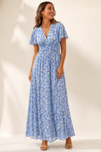 Women's Floral V-Neck Long Dress – Flowy Boho Maxi Dress