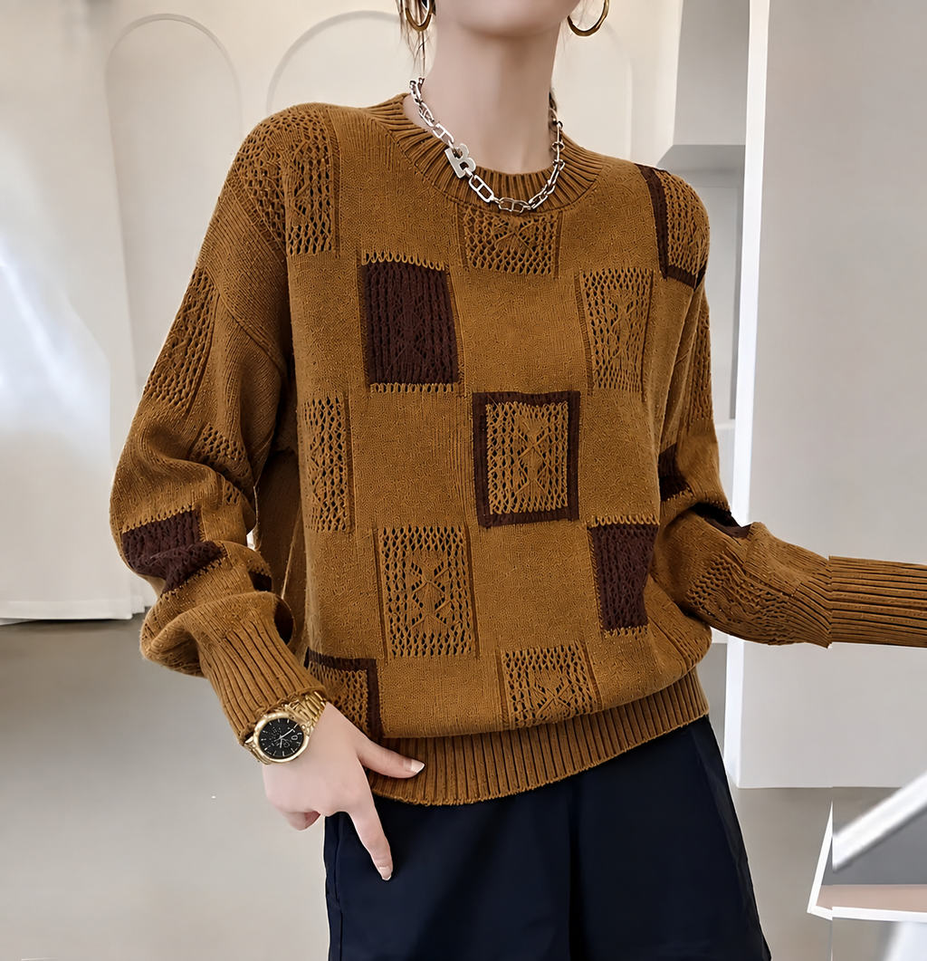 Women's Patterned Patchwork Sweater – Long Sleeve Knit Pullover