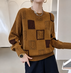 Women's Patterned Patchwork Sweater – Long Sleeve Knit Pullover