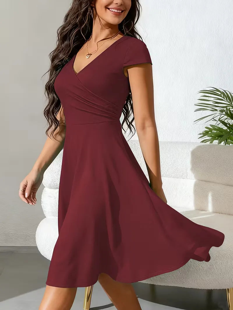 Women's V-Neck Pocket A-Line Dress – Short Sleeve Knee Length Dress
