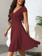 Women's V-Neck Pocket A-Line Dress – Short Sleeve Knee Length Dress