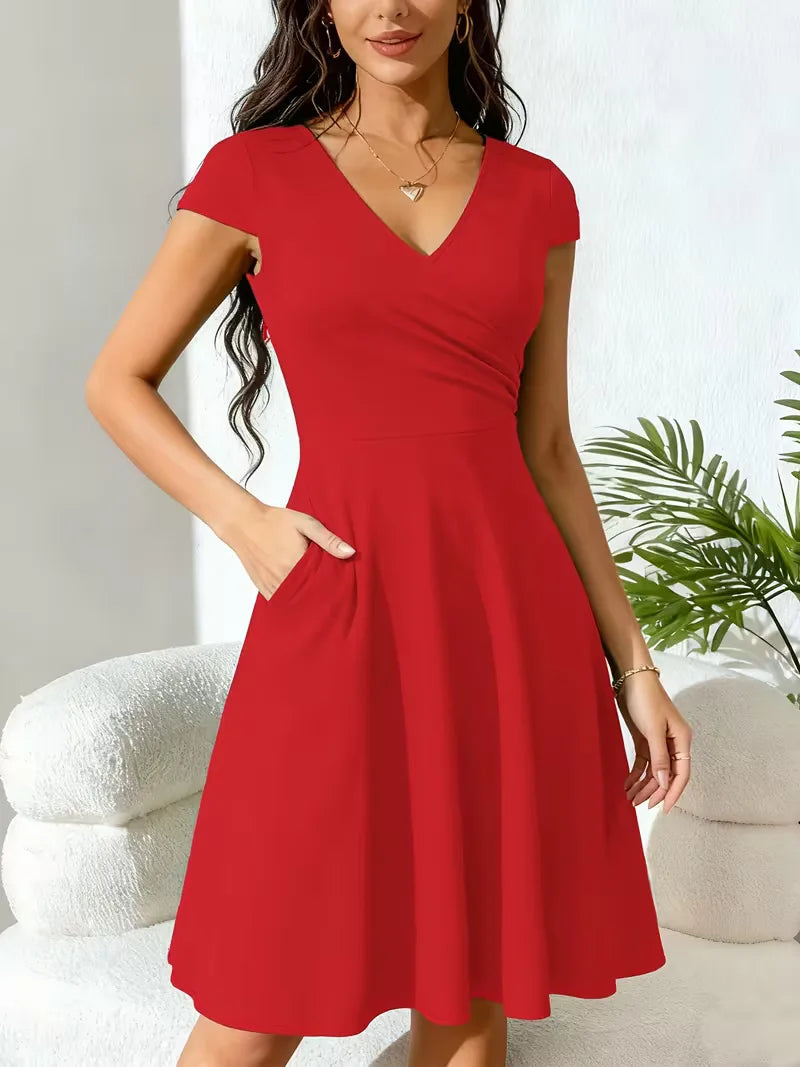 Women's V-Neck Pocket A-Line Dress – Short Sleeve Knee Length Dress