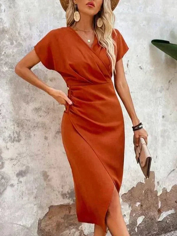 Women's V-Neck Cutout Midi Dress – Wrap Front Fitted Cocktail Dress