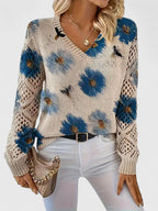 Women's V-Neck Floral Cardigan – Button Front Patterned Knit Cardigan