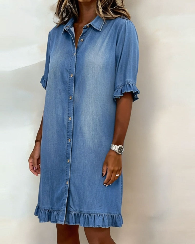 Women's Shirt Dress – Flounce Sleeve Button Front Knee-Length Dress