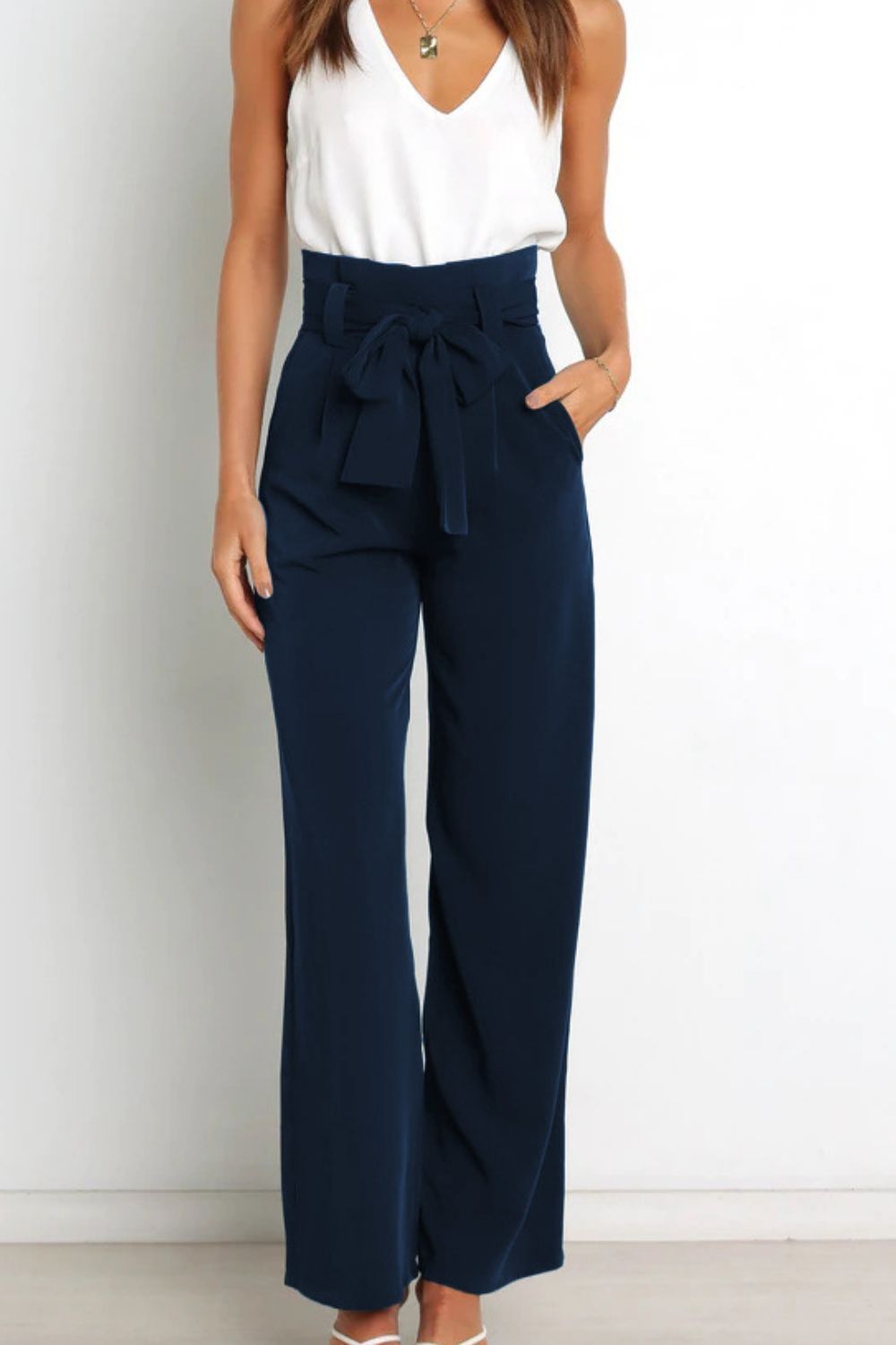 Women's Bow Tie Paperbag Waist Pants – High Rise Wide Leg Trousers