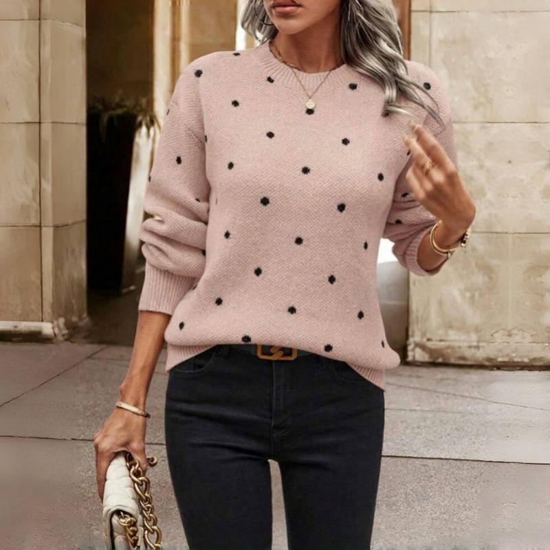 Women's Polka Dot Knit Sweater – Oversized Sleeve Round Neck Sweater
