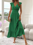 Women's V-Neck Tiered Evening Maxi Dress – Short Sleeve Smocked Waist Dress