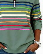 Women's High Neck Zip Sweater – Striped Zip Front Pullover