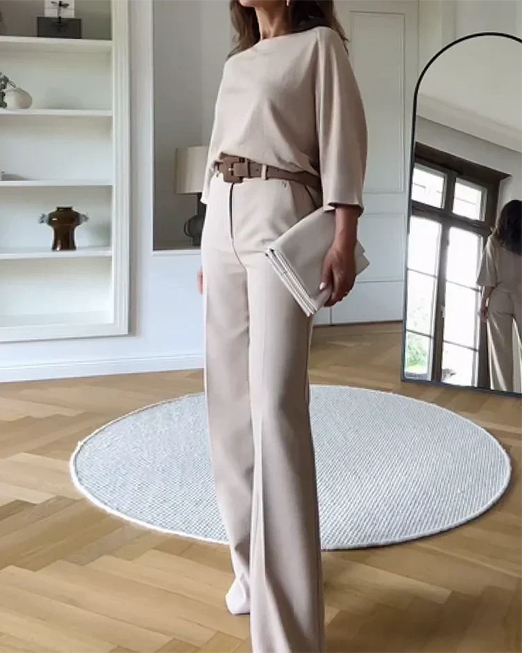 Women's Tailored Pants Set – Relaxed Top & Wide Leg Dress Trousers