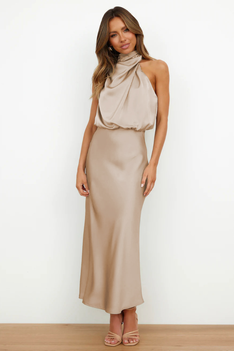 Women's Asymmetrical Neck Midi Dress – Fitted Statement Cocktail Dress