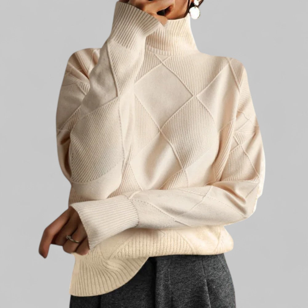Women's Geometric Roll Neck Sweater – Relaxed Winter Knit Sweater