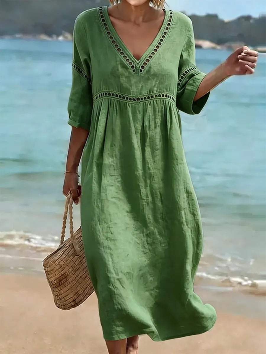 Women's V-Neck Pocket Summer Dress – Short Sleeve Midi Dress
