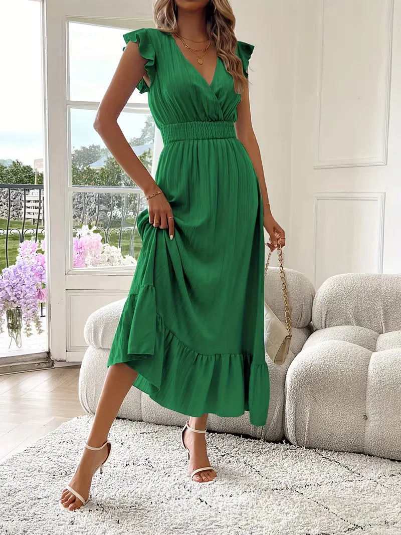 Women's V-Neck Tiered Evening Maxi Dress – Short Sleeve Smocked Waist Dress