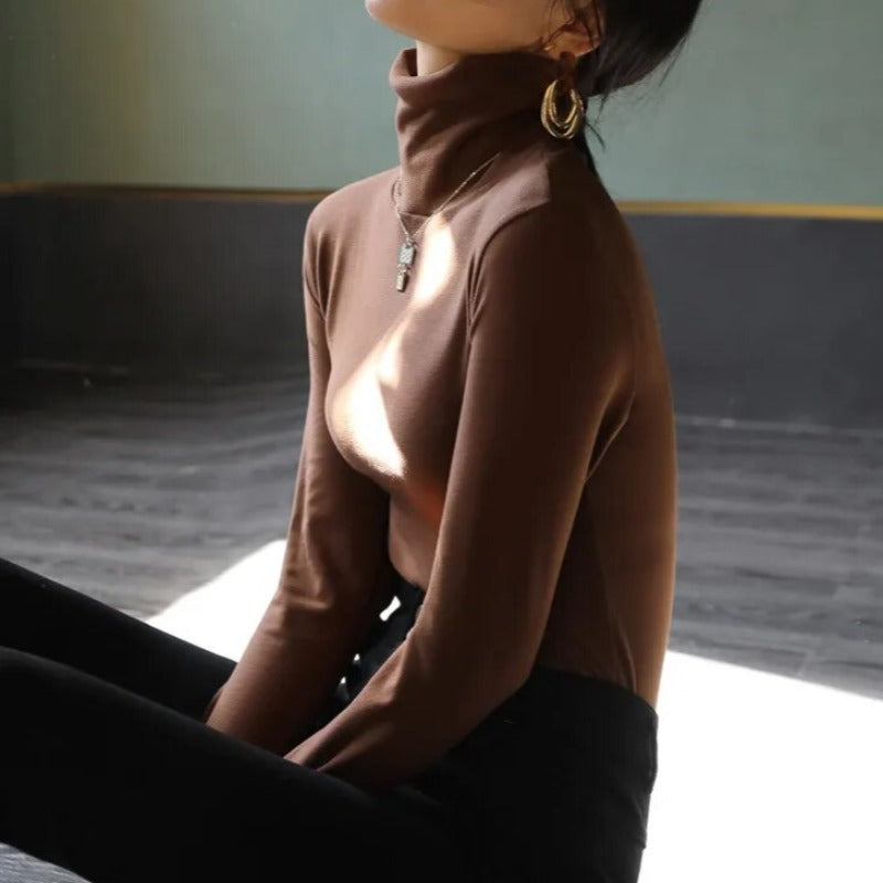 Women's Velour High Neck Top – Plush Long Sleeve Turtleneck Top