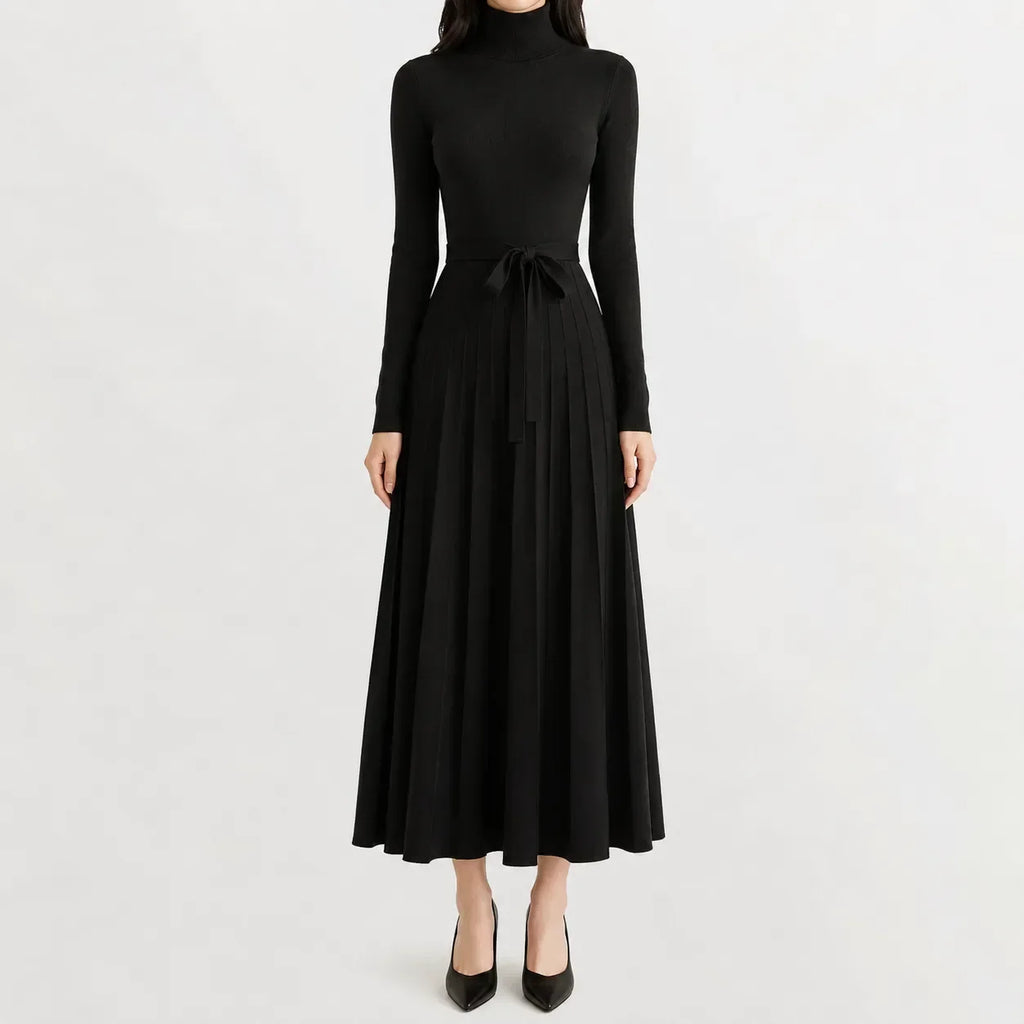 Women's Long Sleeve Turtleneck Knit Dress – Belted Flared Sweater Dress